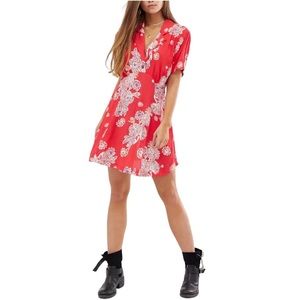 Free People Hawaii Red Floral Print Short Sleeve Mini Dress, size Small